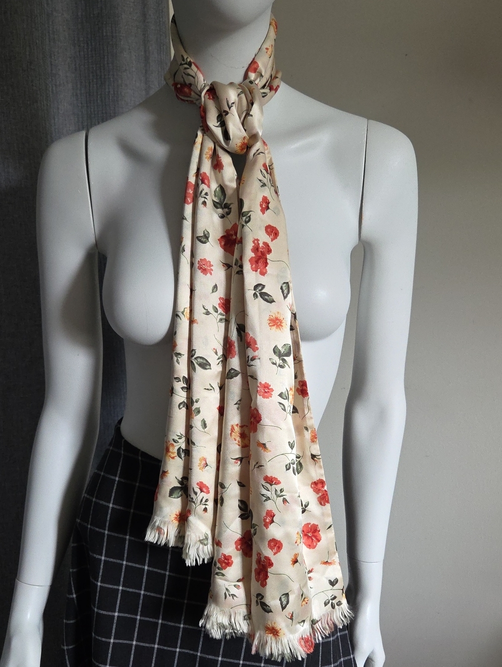 Vintage Esprit Cream 100% Silk Fringed Scarf w Red Yellow & Green Floral Pattern